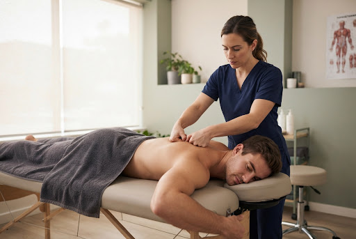 Terapeuta matriculada realizando maniobra de rehabilitación descontracturante dorsal